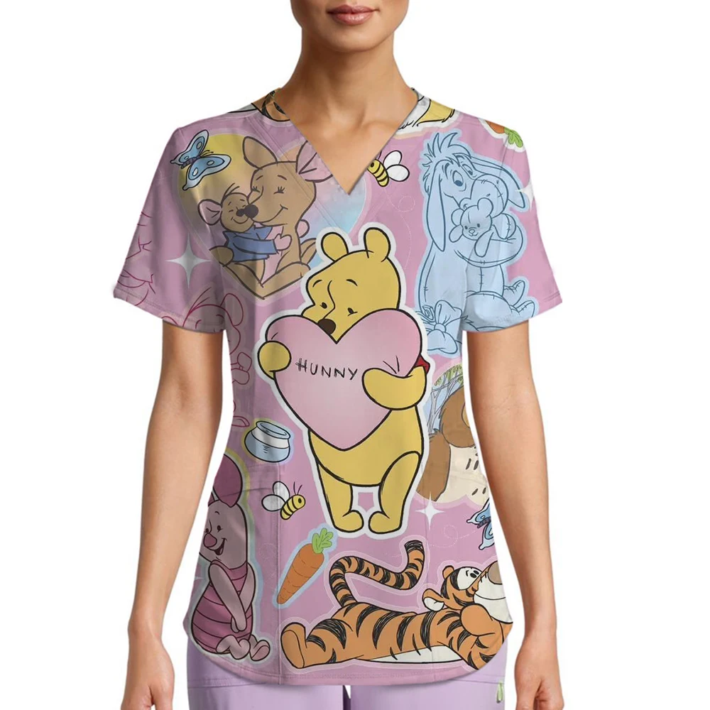 

2025 Winnie The Pooh Clinic Hospital Nurse Workwear Teeth 3D Printing T-shirt Women's V-neck Pocket Medical Clothing Nursing Top