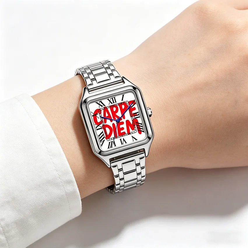 Ladies' Men Square Luxury Watch, Slogan Text on the Large Dial, 30-Meter Water Resistance, Elegant Design, Stainless Steel Strap
