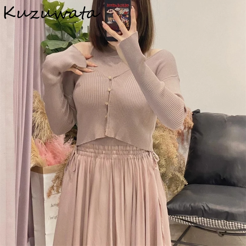 Kuzuwata Japan V Neck Long Sleeve Sets Dress High Waist Mid-length Sweet Casual Femme Robe Fresh Knit Patchwork Solid Vestidos