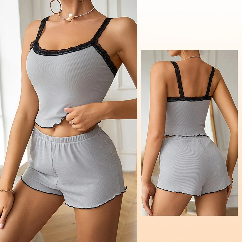 Women Pajamas Set Sexy Pajamas V-neck solid sleeveless Top+Shorts and Shorts Home Sleepwear Suit