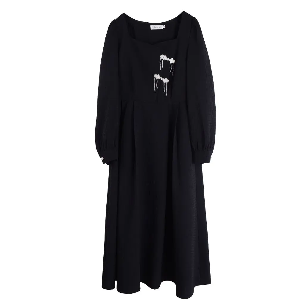 

Women's plus Size Dress K2674 French Retro Square Collar Tight Waist Waffled Detail for Chubby Girls Spring Autumn New