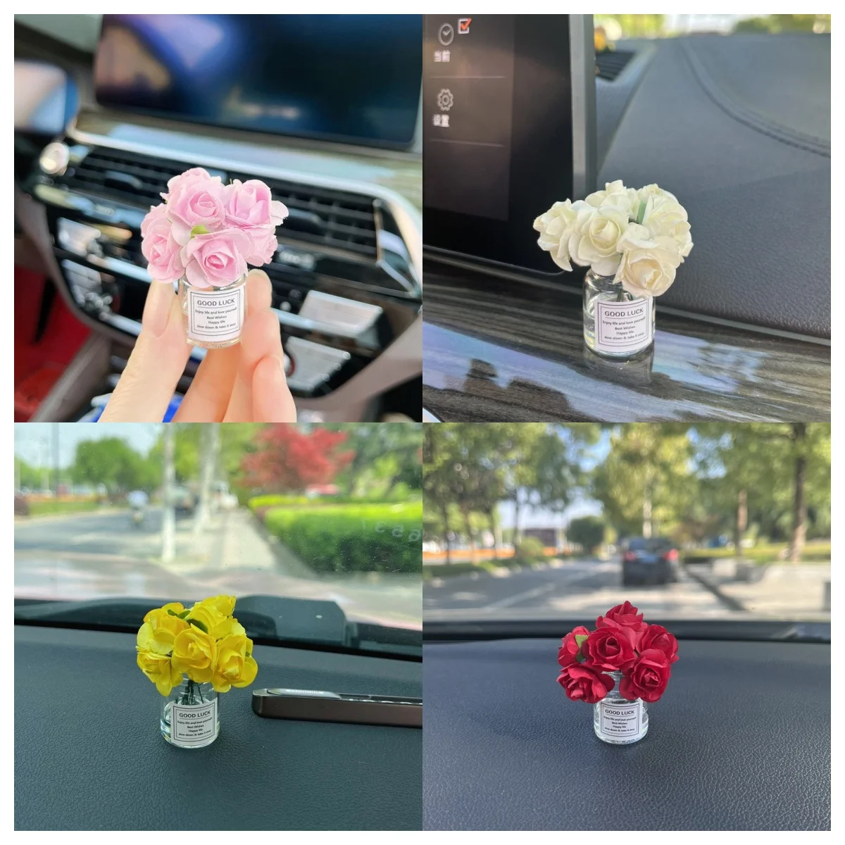 1 pçs decoração do carro ornamento bonito simulação rosa vaso de flores painel automático decoração gadgets para mulher acessórios do carro