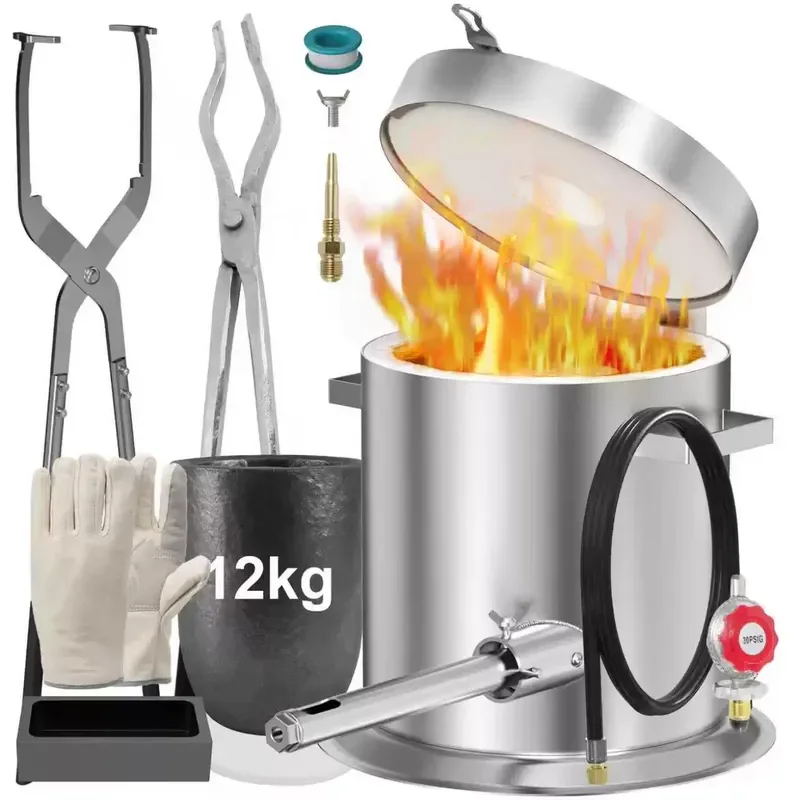 12kg/25kg Small Gas Melting Furnace - Stainless Steel Gold Smelting Kit with Tongs for Copper & Aluminum