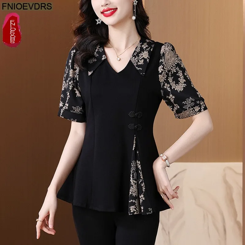 Hot Sales Loose Clothes 2025 Summer Retro Button Tops Short Sleeve Women Tunic Flower Floral Print Black Peplum Shirts Blouses