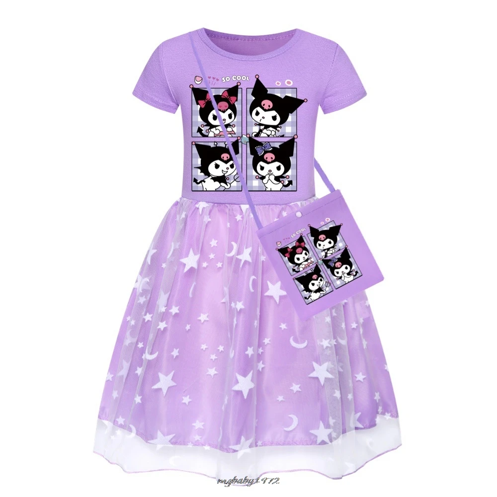 Summer Kids Cute Lovely Kuromi Melody Dress Girls Short Sleeve Casual Dresses Children Birthday Wedding Party Princess Vestidos