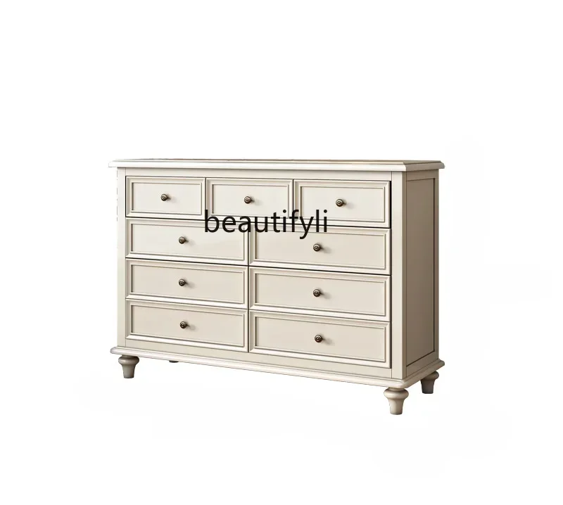 American Cream Style Solid Wood 7-Drawer Cabinet White Cabinet Bedroom Storage Entrance Cabinet American Furniture