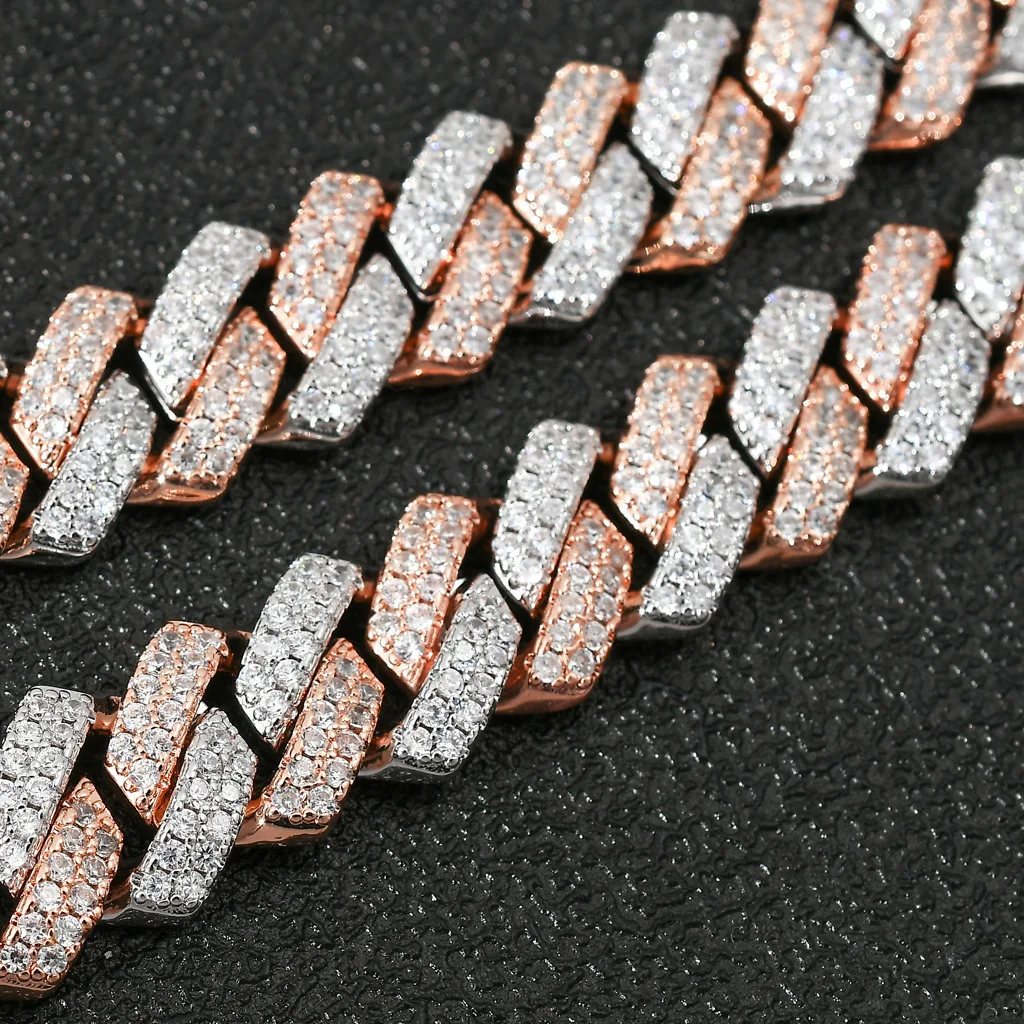 14mm bar dense Cuba chain micro inlaid moissanite two color electroplating diamond Cuba chain hip hop Necklace