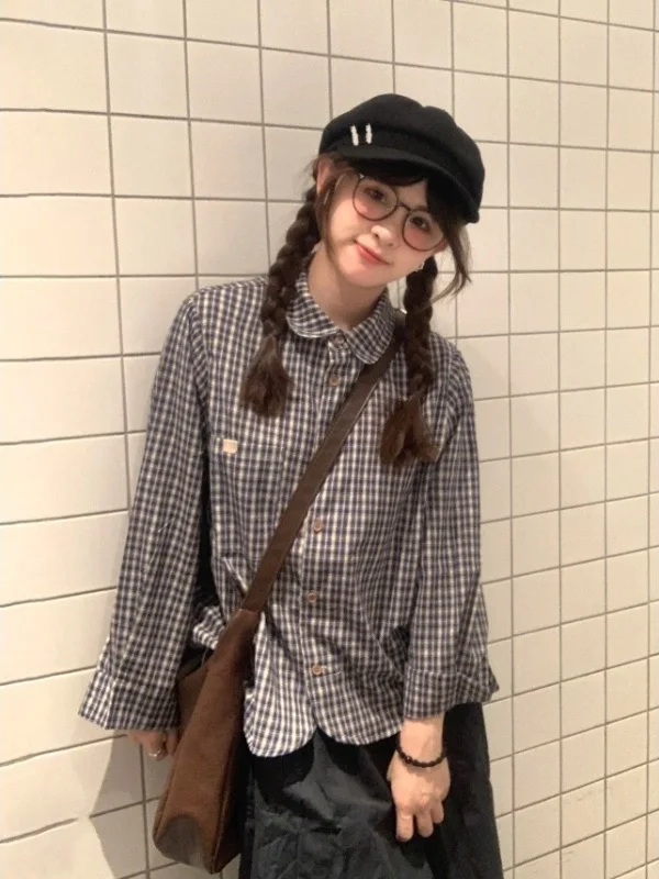 

Autumn Plaid Long Sve irt Women's Sle Early Autumn Loose Lazy Sle Color Blo irt Korean Version Commute Wind
