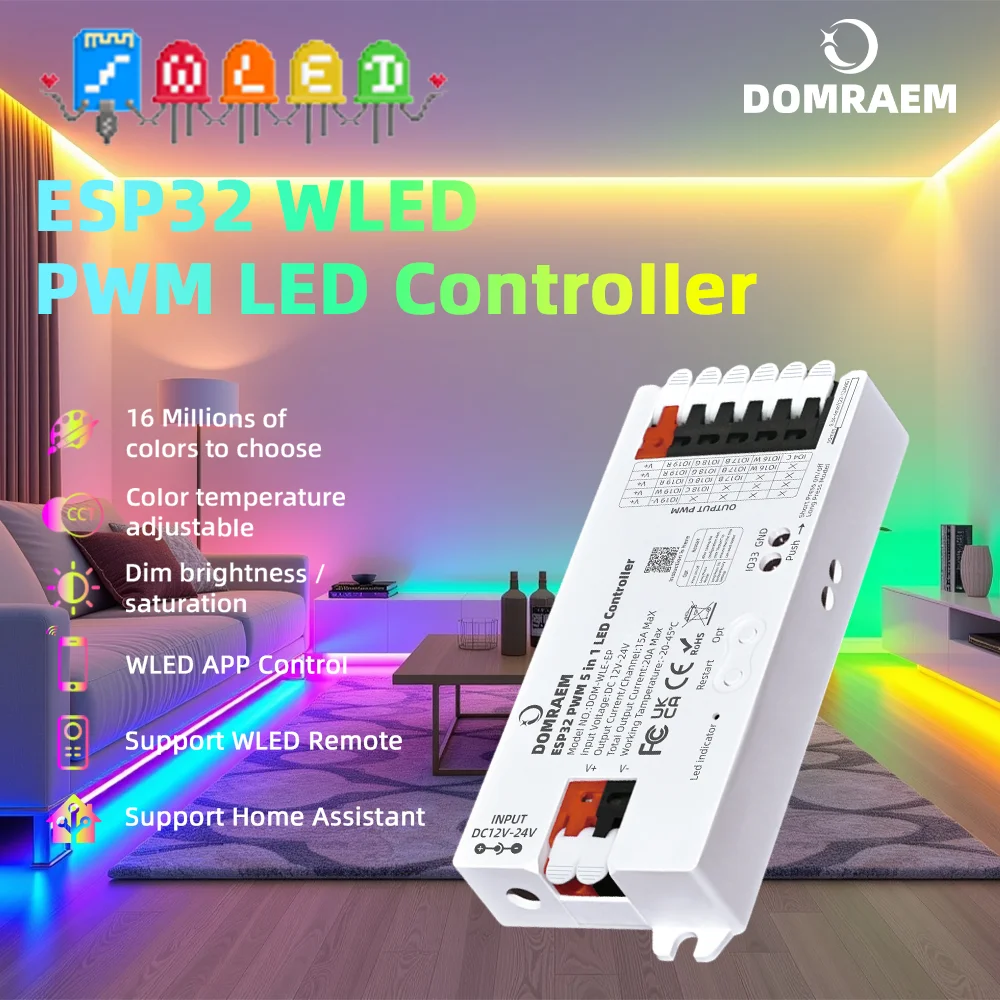 DOMRAEM WLED Controller ESP32 PWM for Analog LED Strip, 5-in-1 for 2/3/4/5/6 Wires, White CCT RGB RGBWCCT, Alexa Google Home HA