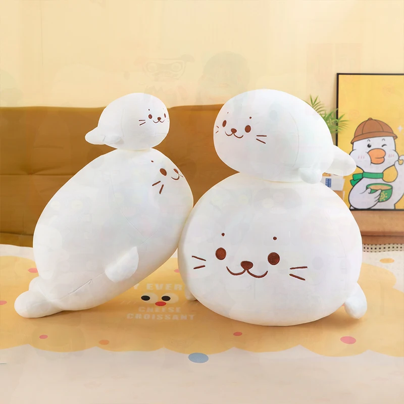 White Seal Plush Toy, Soft Round Stuffed Sea Animal Doll with Cute Face, Multiple Sizes Pillow, Birthday Gift for Kids Fans