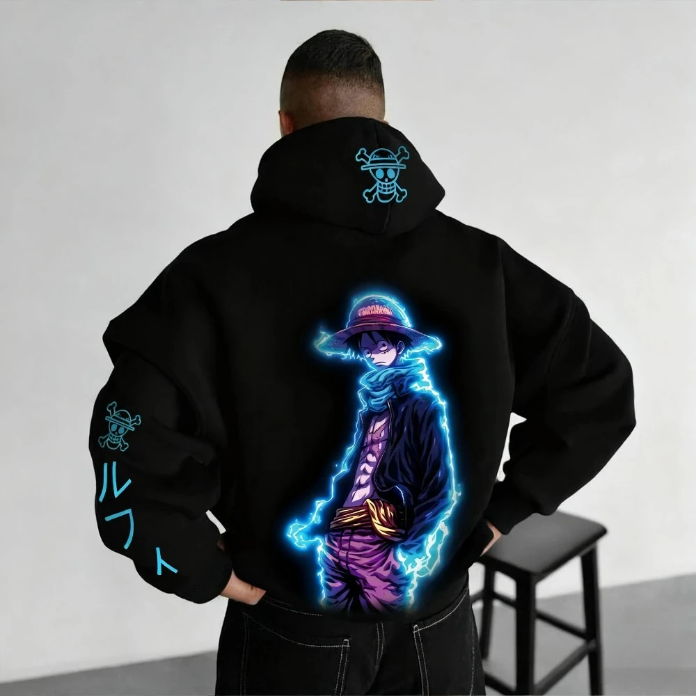 

New ONE PIECE Luffy Black Hoodie 2025 Autumn and Winter Animation Print Loose Casual Japanese Harajuku Daily Cotton Jumper Top