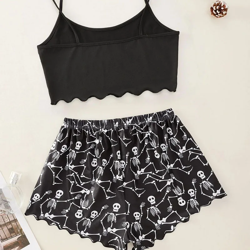 Printed Plus Size 2xl Camisole Top Shorts Homewear Set Easy to Clean Black Sexy Camisole Printed Shorts Student Pajama Set Birth