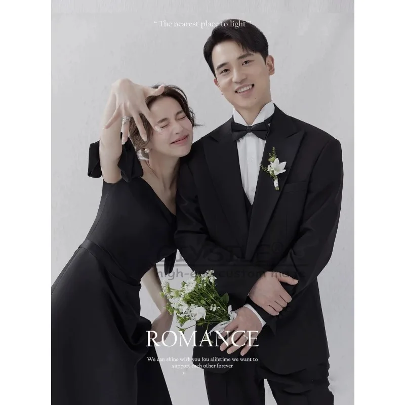 GIYSILE Customized High-grade Wedding Dress Retro Hepburn Style Black Satin  TshionSimpl E One-shoulder Party Dress Strap Back