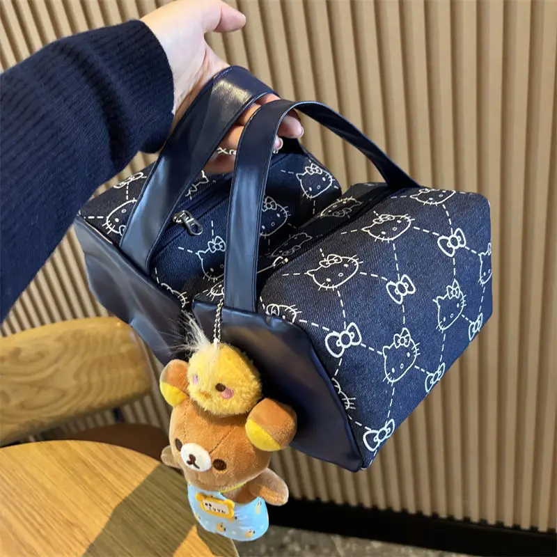 헬로 키티 데님 핸드백 Sanrio Anime Wash Bag 대용량 메이크업 케이스 휴대용 토트 패션 가방 여성용 배낭 선물