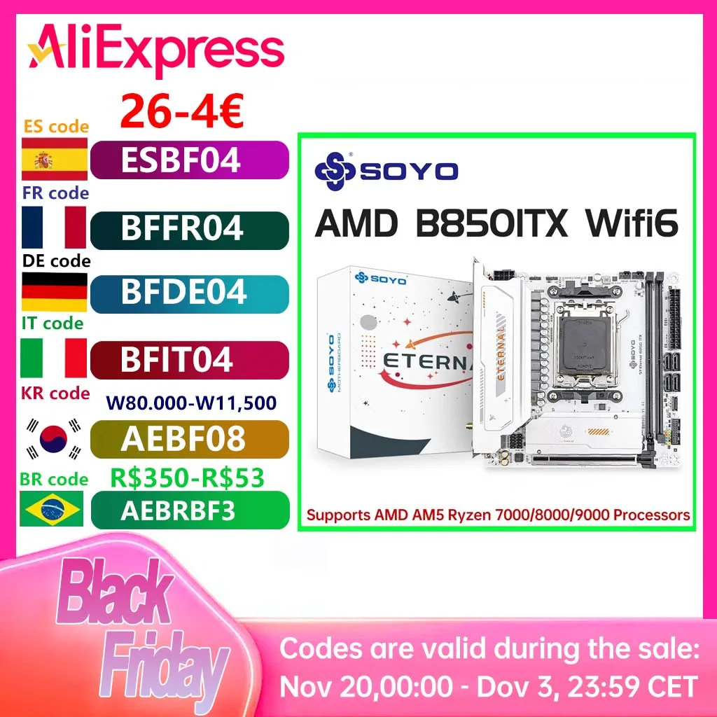 

SOYO B850ITX AMD Motherboard AMD Ryzen AM5 DDR5 Supports CPU 7000 8000 9000 Processors Pcie5.0x16 Pcie4.0x4 M.2 ARGB WIFI6