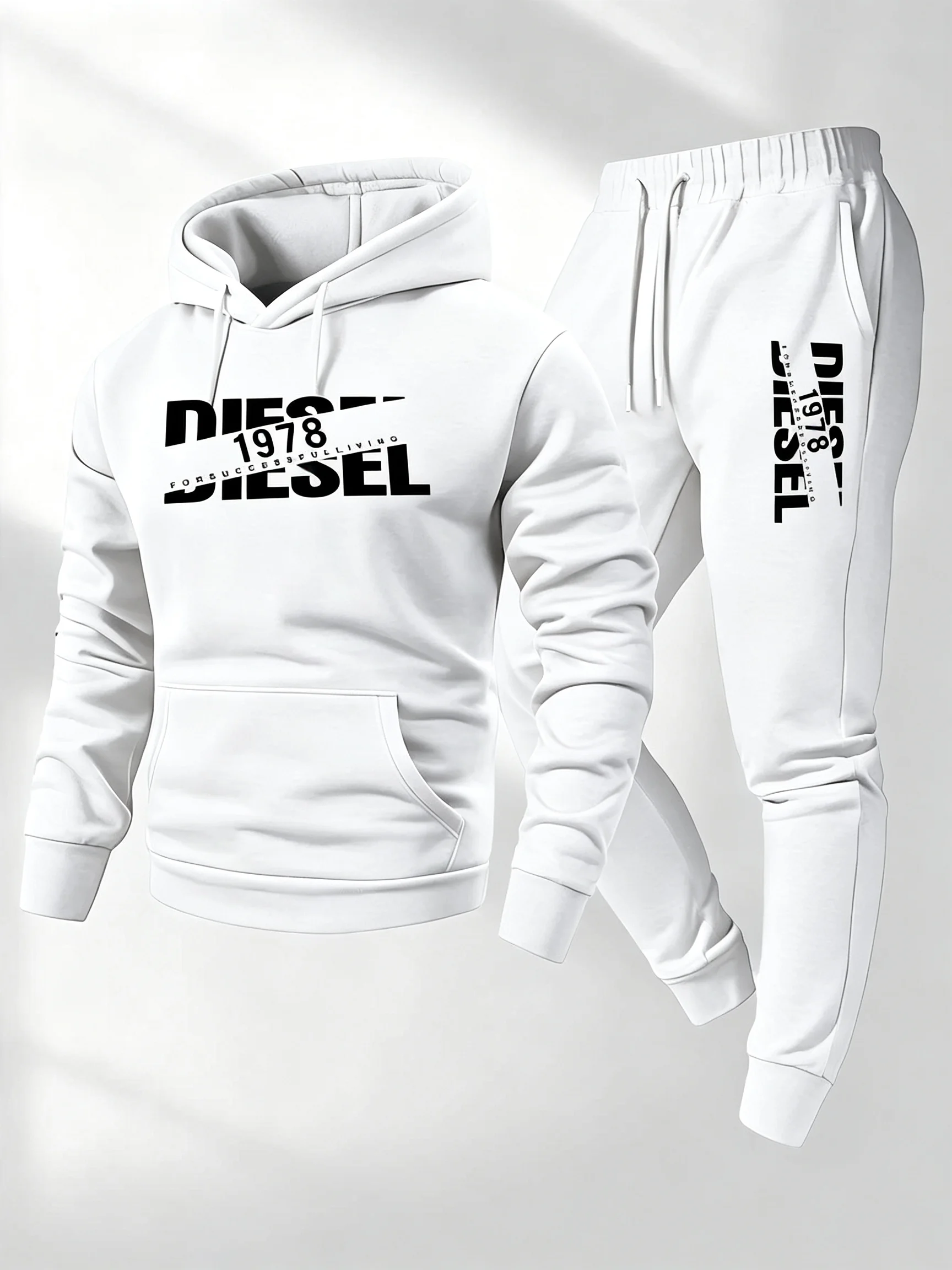 Conjunto de chándal con estampado de moda para hombre, compuesto por sudadera con capucha y pantalones de chándal, ideal para otoño e invierno, para uso casual, actividades deportivas, correr y hacer ejercicio. Conjunto de dos piezas, unisex.
