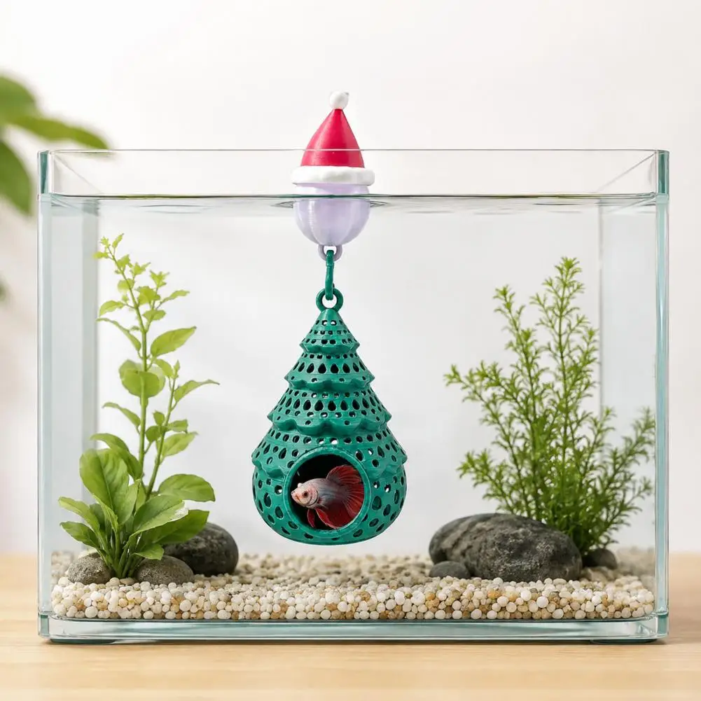 Small Fish Tank Hiding Spot Christmas Tree Aquarium Ornament with Santa Hat Float Fish Shrimp Cave Shelter Floating for Holiday