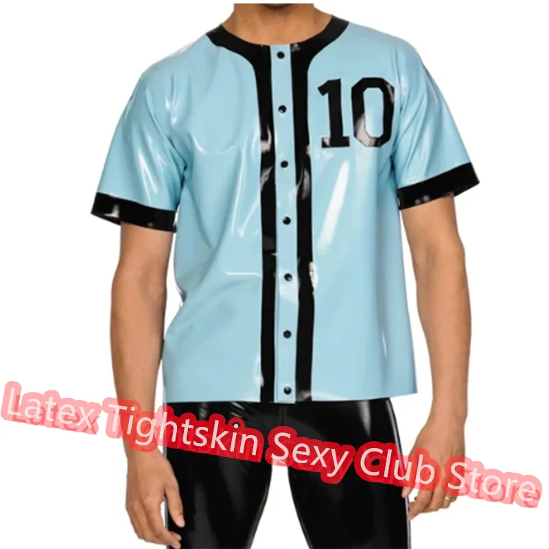 

Handmade Latex Men Sleeveless Shirt Man Sexy Tops Rubber Tank Vest Sky Blue with Black Cosplay Costume