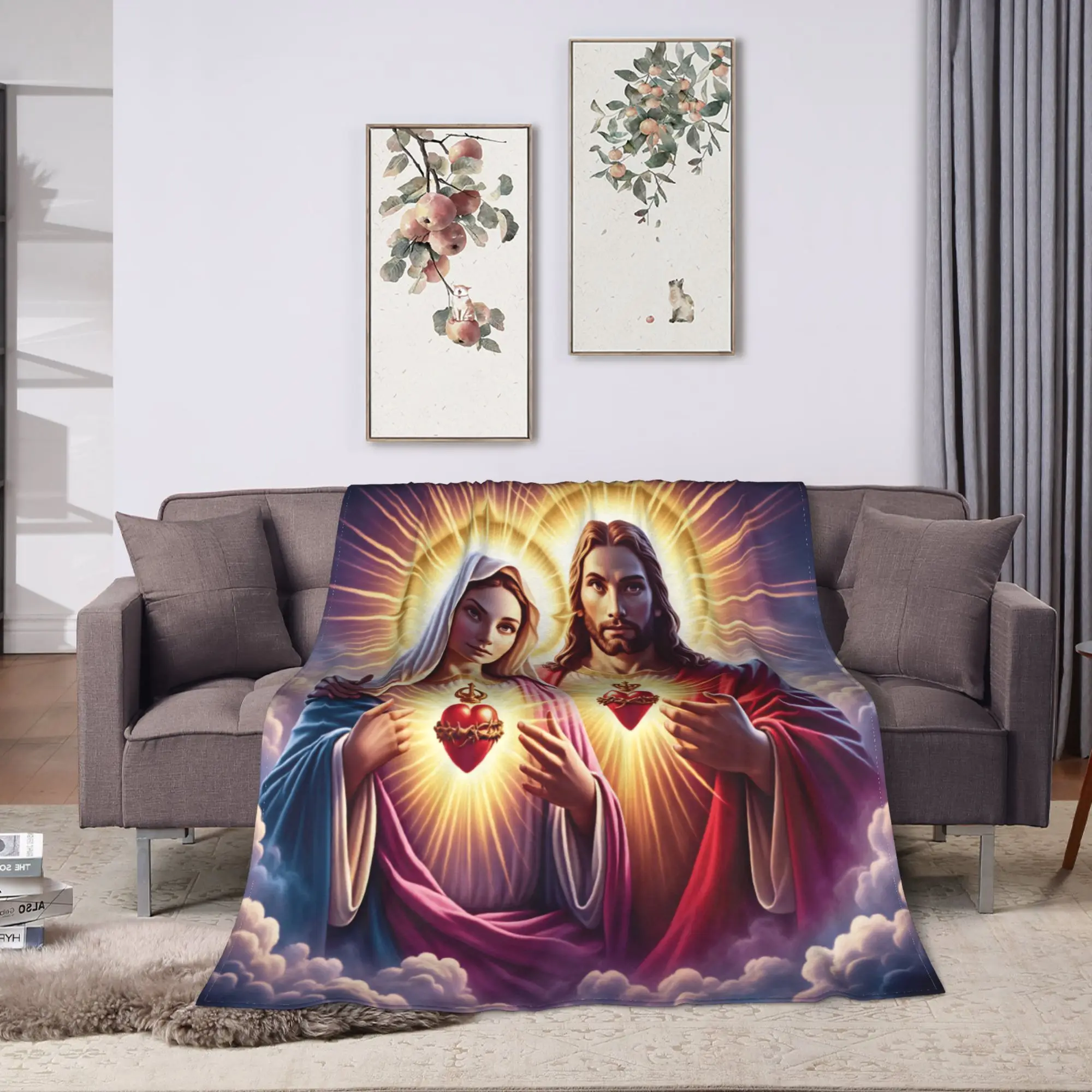 Sacred Heart of Jesus and Immaculate Heart of Mary Blanket Boy Girl  Flannel Bedding Throws For Bedroom Soft Comfy Bedspread