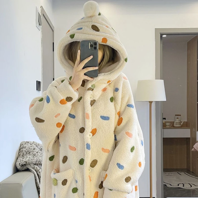 Sweet Cute Colorful Dots Hooded Long Night Gown Robe Coral Velvet Pajamas Women Winter Thickened Plush Bathrobe Kawaii Sleepwear