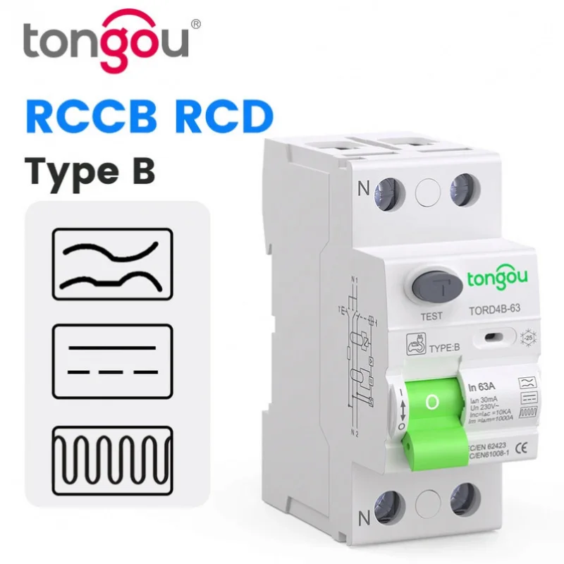 

RCCB RCD DC Электромобиль EV Зарядная свая Выключатель остаточного тока 2P 63A 30mA Тип B 10KA Din-рейка Утечка на землю TONGOU