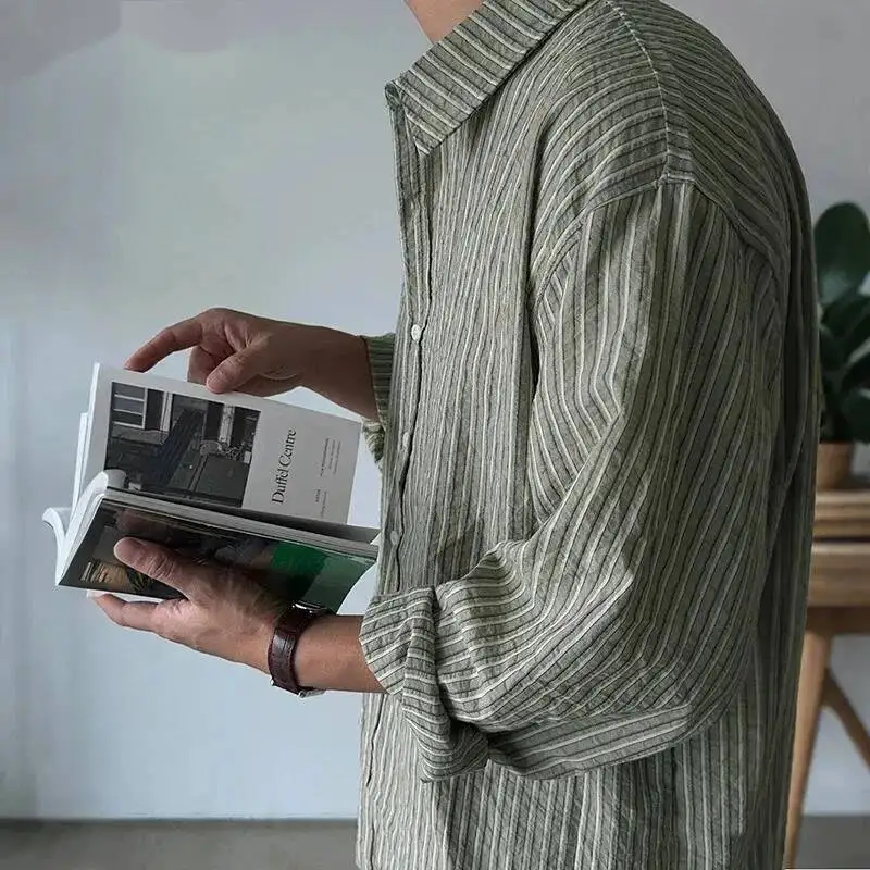 Vintage Green Textured Striped Men's Shirt 2026 New Korean Style Loose Bouse Casual Long Sleeve Top Single Breasted 9XTBM7