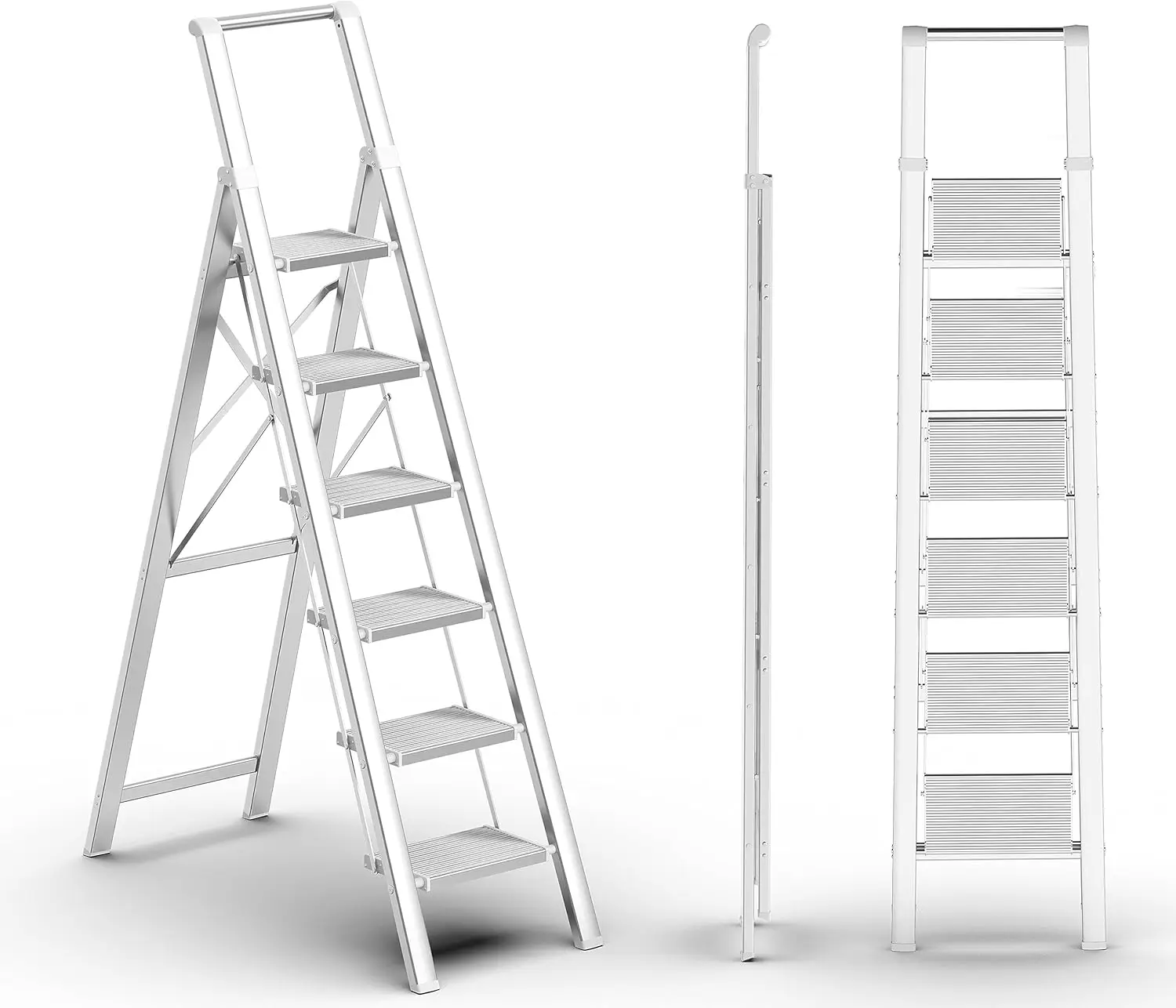 6 Step Ladder, Folding with Handgrip and Anti-Slip Pedal, Portable Lightweight Aluminum for Kitchen (300 lbs Capacity)