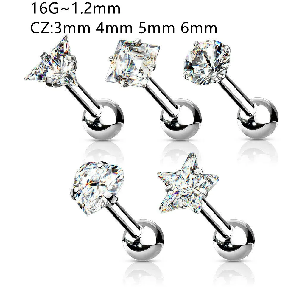 50pcs 16G Round/Heart/Star/Square/Trangle CZ Earring Ear Helix Bar Lobe Cartilage Tragus Diath Stud Gold Sliver Piercing Jewelry