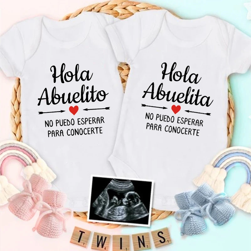 

Hola Abuelita Hola Abuelito Baby Rompers Toddler Boy Girl Clothes Newborn Cotton Bodysuit Pregnancy Reveals Jumpsuits