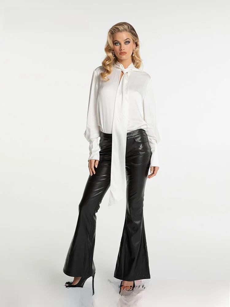 

Nana Jacqueline Selected 5N Soft Elastic PU Leather Pants Vintage Bell Bot Sexy Bodycon Casual Trousers for Women
