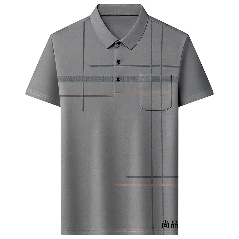 

Мужская полосатая рубашка-поло с коротким рукавом в деловом стиле, повседневная рубашка-поло с карманами и пуговицами, мужские летние модные дышащие удобные свободные топы из ледяного шелка