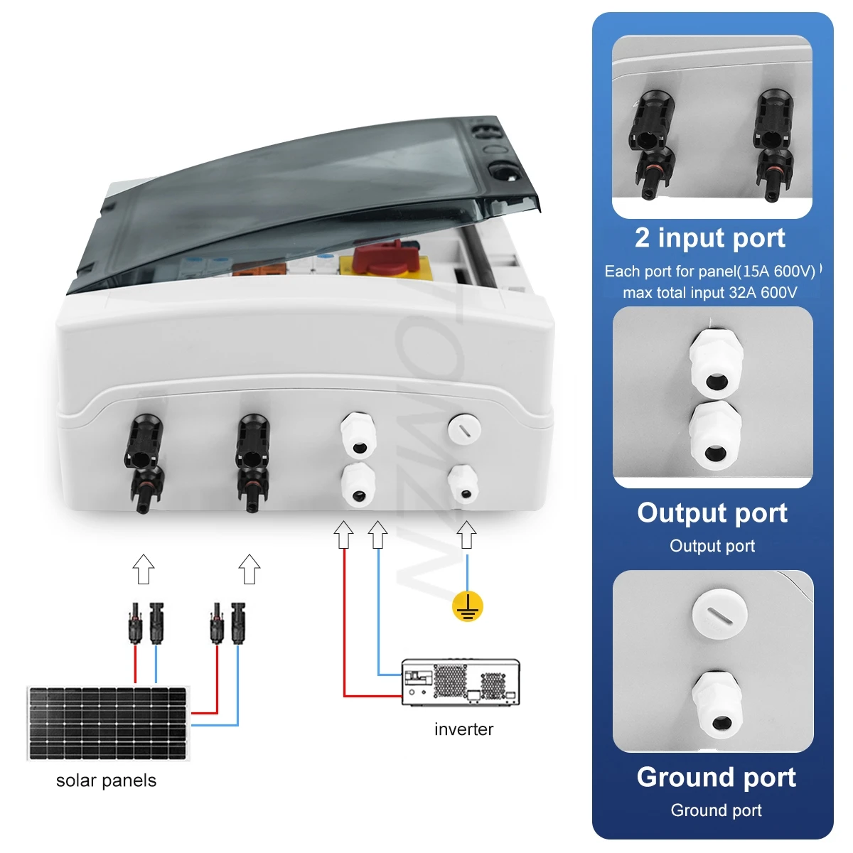 TOMZN Solar Photovoltaic PV Combiner Box With Lightning Protector 2 Input 1 Out DC 1000V Fuse MCB SPD Waterproof Box IP65 12ways
