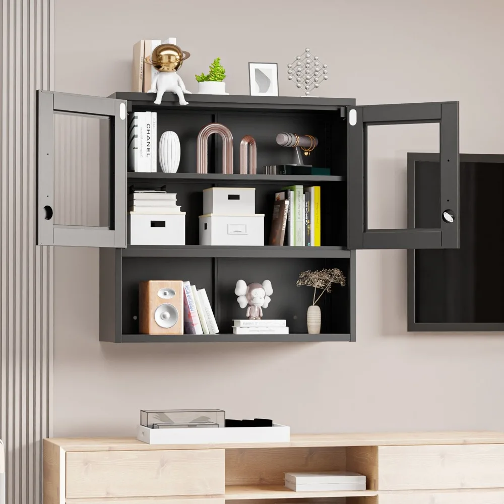 

Metal Wall Mounted Storage Display Cabinets with Locking Glass Doors & Light NEW