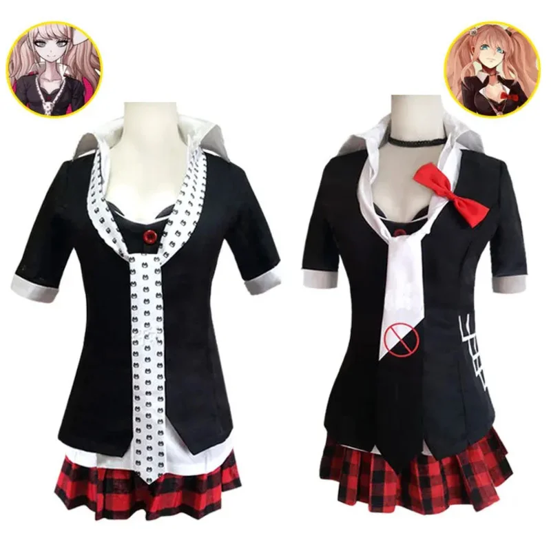 Disfraz de Anime Danganronpa, uniforme Enoshima Junko, ropa de trabajo de cafetería, Falda corta, peluca trenzada de doble cola; 6'x, 9;y'