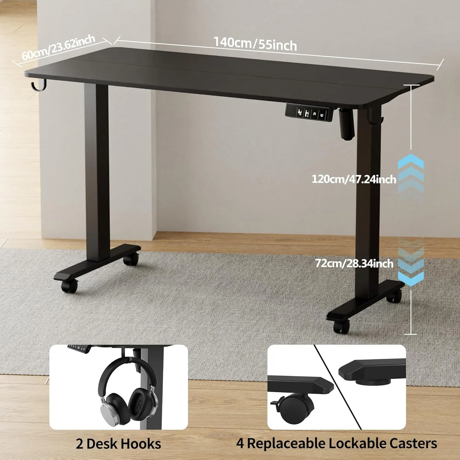 Standing Desk 55 x 24 inch, Electric Height Adjustable Desk with Splice Board, Stand Up Desk with Casters, Sit Stand Desk Comput