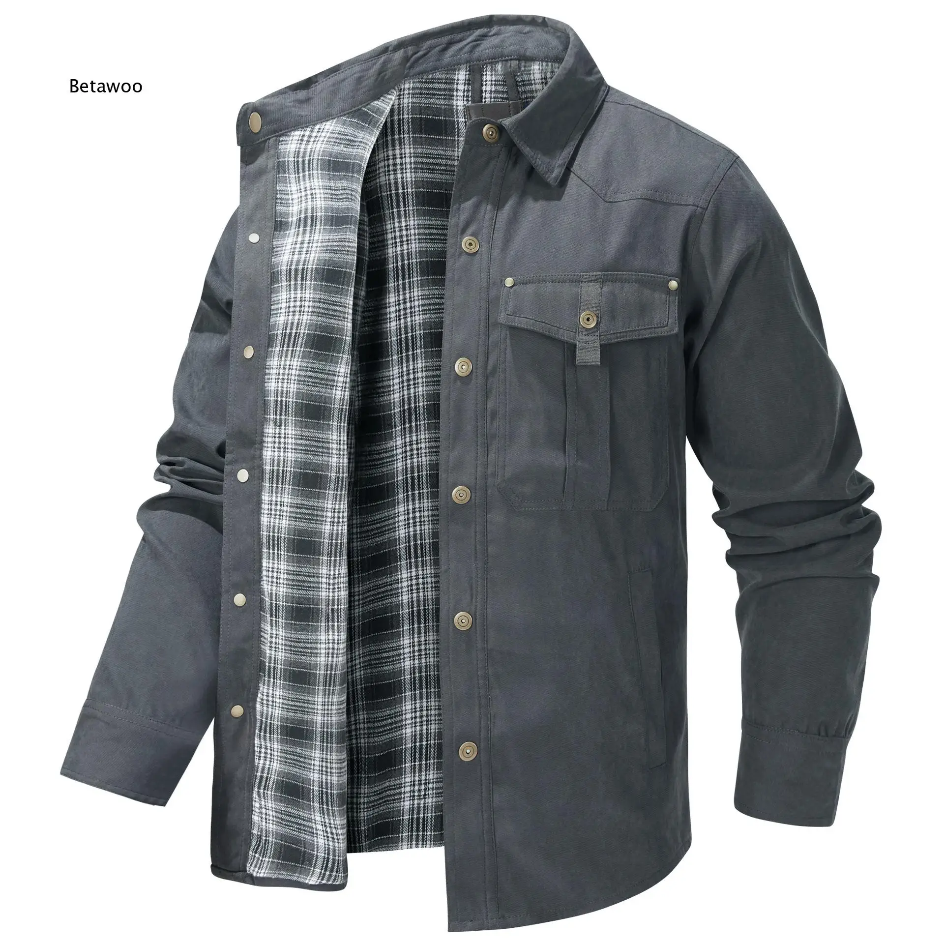 Men Lapel Plaid Flannel Casual Jacket Vintage Western Style Outerwear Loose Fit Coat For Daily Wear And Outdoor Activity In Spr