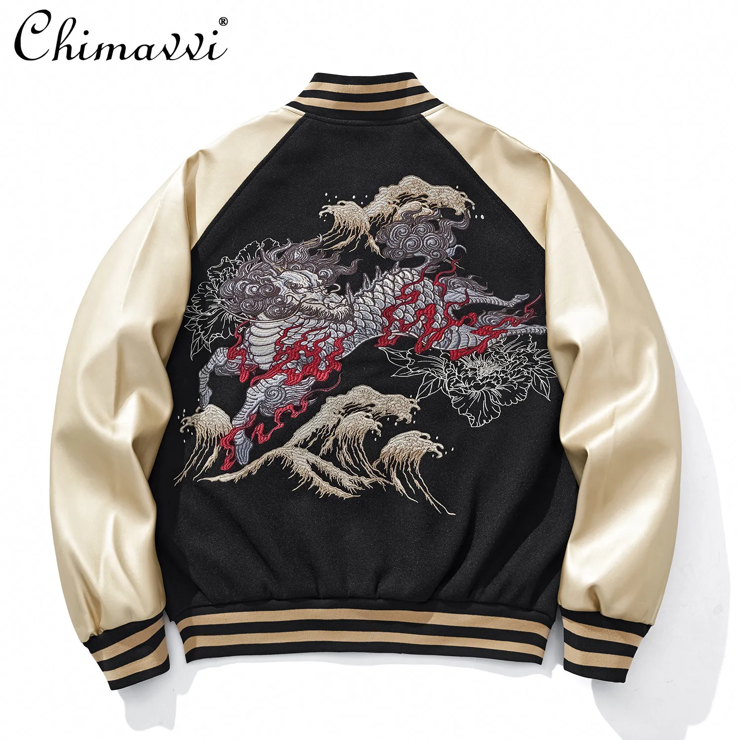 

Spring and Autumn Heavy Embroidery Jacket Baseball Jacket Kirin Embroidery Men's Top National Color Block High Street Coat