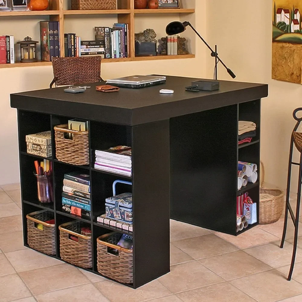 Mesa com estante e armário de 3 compartimentos em preto – Móveis de escritório elegantes e funcionais