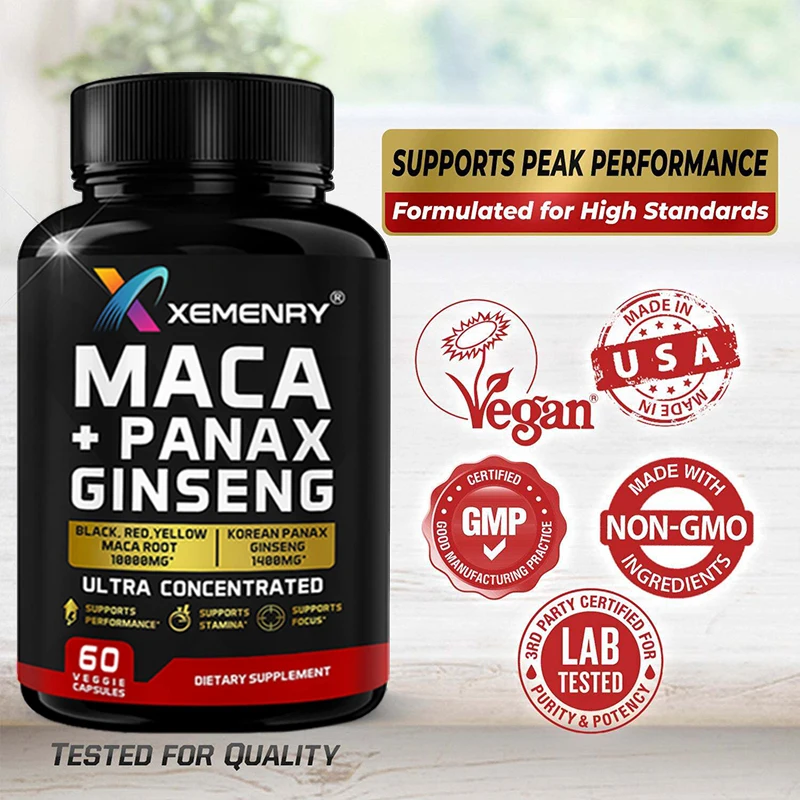 Cápsulas de raiz de maca natural Xemenry - contém ginseng Panax coreano - super concentrado 20:1, raiz de maca peruana 120 cápsulas