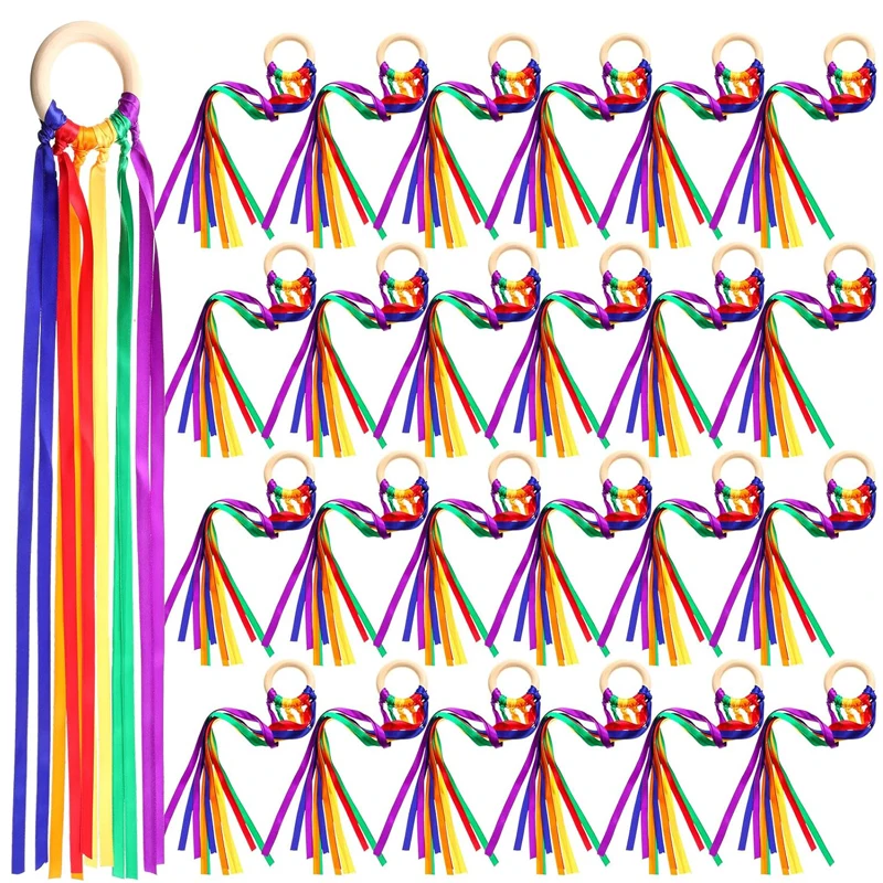 Rainbow Hand Kite Creative Dancing Ribbon Streamer With Wood Ring Wrist Sensory Toys Kids Birthday Party Favors Gifts