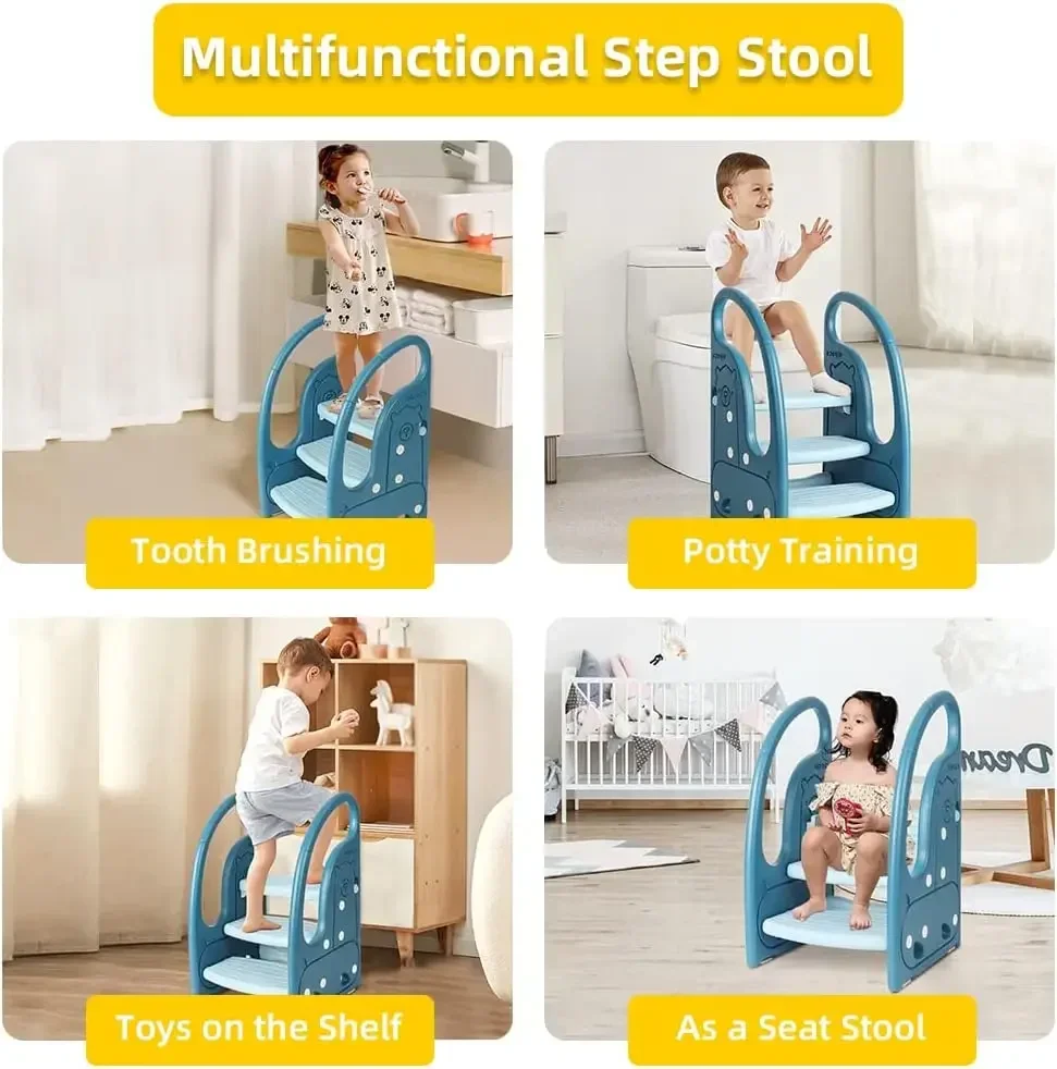 Step Stool Chair Kids 3 Step Standing Tower for Toddlers Plastic Learning Helper Stool for Kitchen Counter Bathroom Sink Toilet