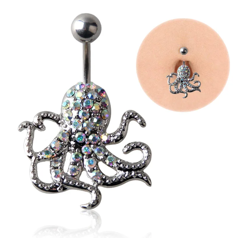 Octopus Dangled Belly Button Rings 14G Stainless Steel Crystals Navel Piercing Ombligo for Women Body Jewelry Steel Belly Ring