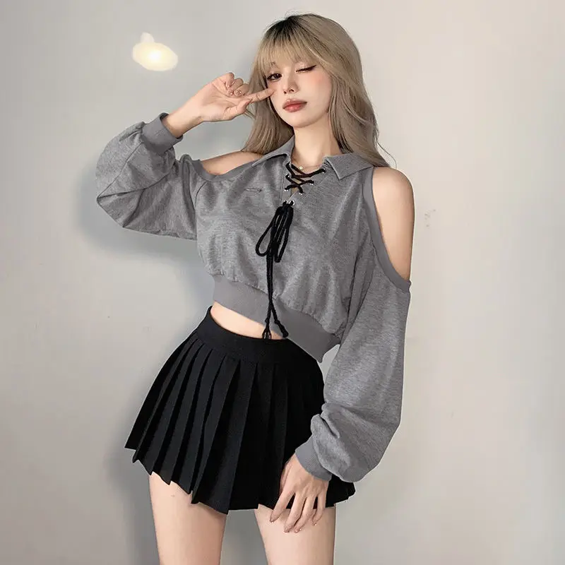 Y2K Hoodies Women Off Shoulder Cropped Tops Lace-up Harajuku Vintage Loose Sweatshirts Hotsweet Casual Stylish Female All-match