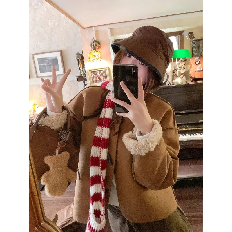 2026 New Women Reversible Suede Sherpa Coat Toggle Button Mid Length Loose Solid Long Sleeve Coat Autumn Winter