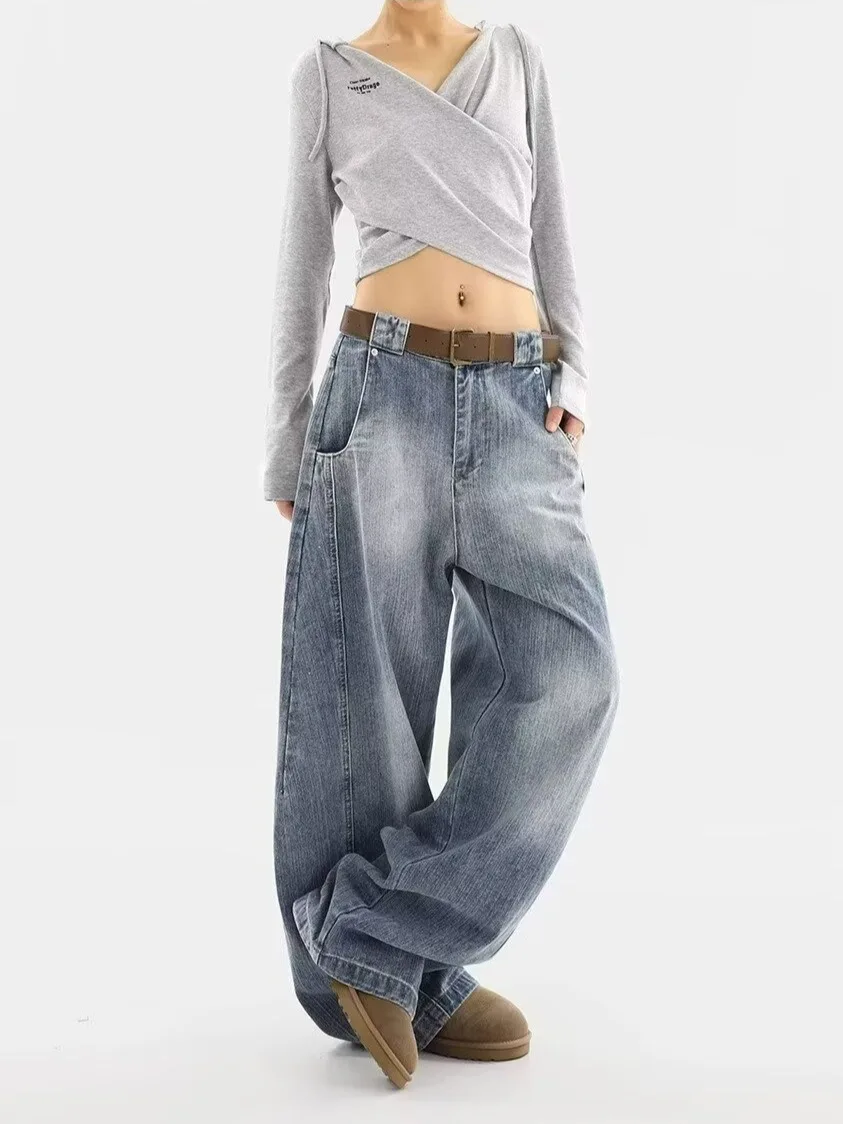 2025 Autumn New Style Curved Knife Denim Women's American Streetwear Retro Washed Loosely-Fitting Denim Pants Stylish CasualWear