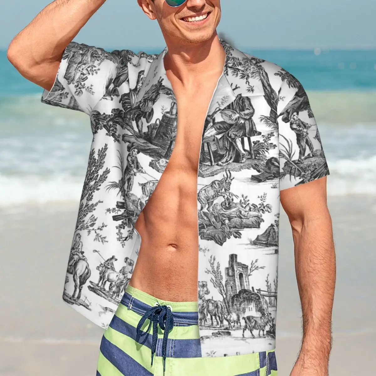 

Vintage French Toile De Jouy Motif Hawaiian Shirts Fashion Men Short Sleeve Shirt for Summer Beach Men's Lapel Tops
