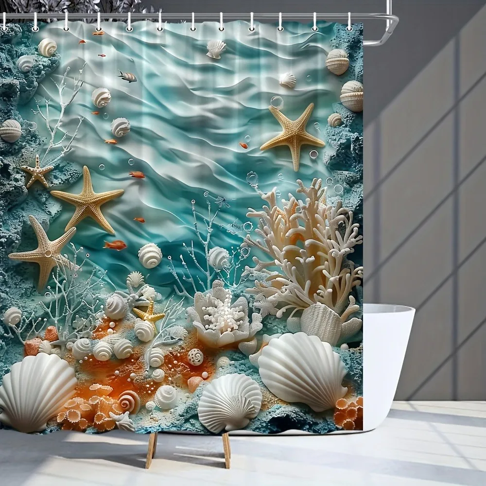 

Underwater shells and coral reefs Shower Curtain Washable Dirt-Resistant Shower Head waterproof Polyester Bath Curtain