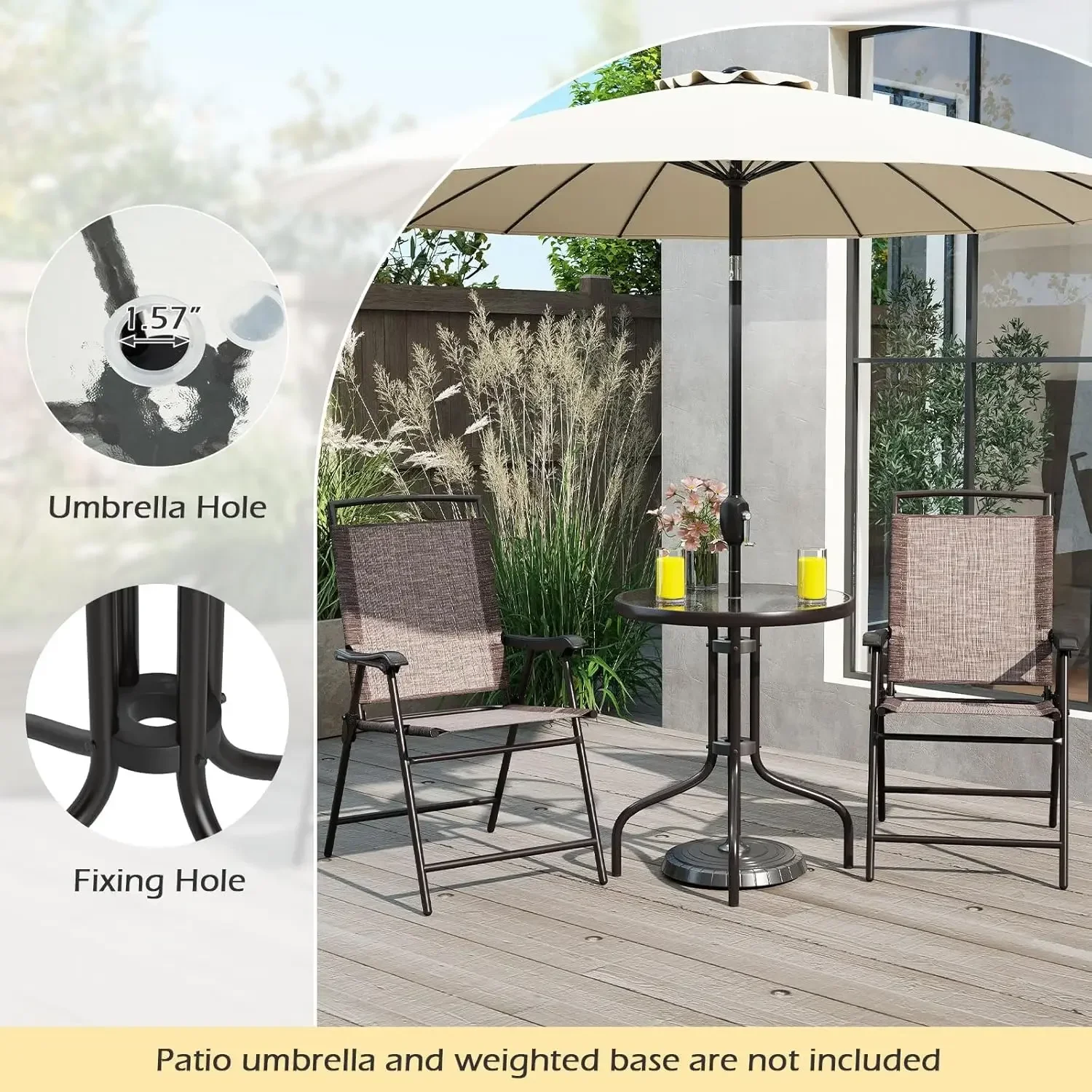 Bistro Table and Chairs Set of 2, Outdoor 3 Piece Patio Bistro Set with 1.57” Umbrella Hole, Tempered Glass Tabletop, 2 Folding