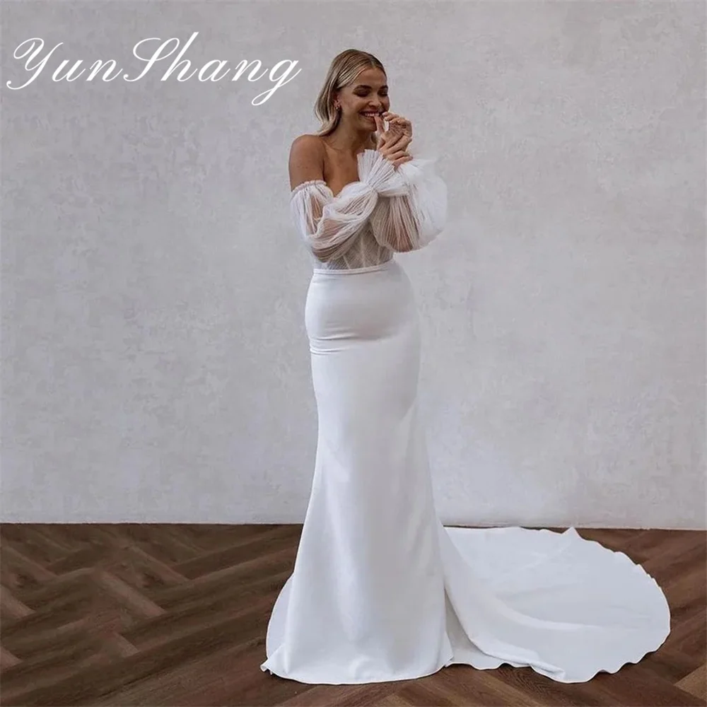 

Yunshang Elegant Mermaid Wedding Dress Sweetheart Open Back Long Sleeve Pleat Crepe Bridal Gown Sweep Train Vestidos De Novia