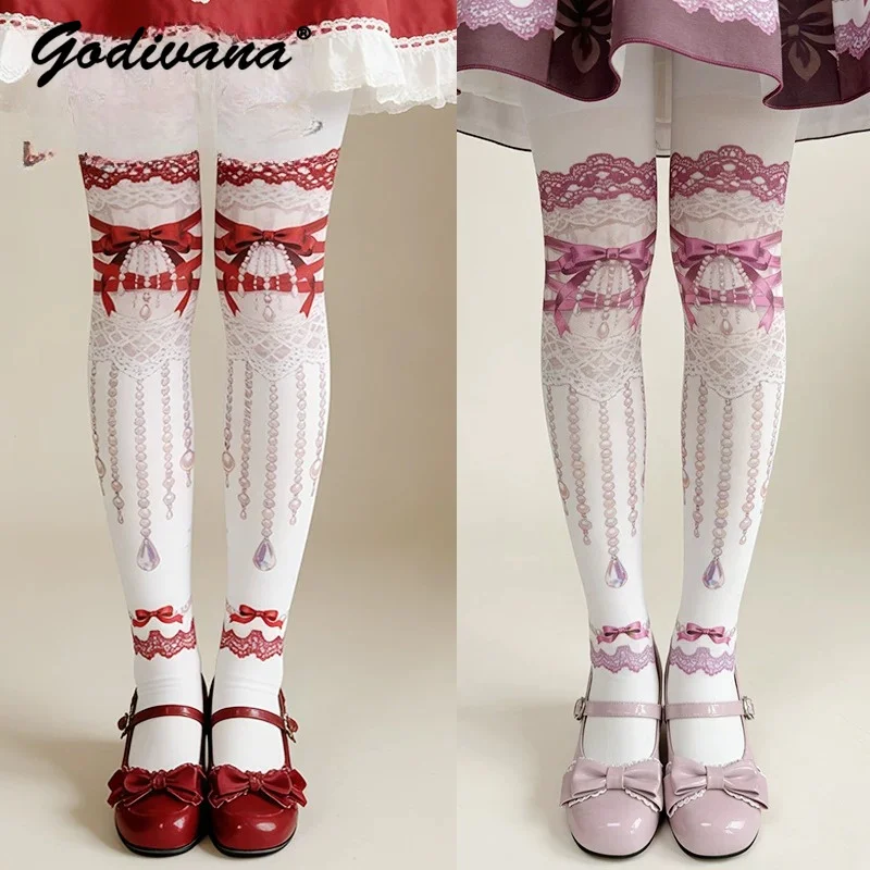 Sweetheart Ribbon Lolita Printing Velvet Pantyhose 120d Cute Girl Women's Cotton Stockings Cos Long Socks